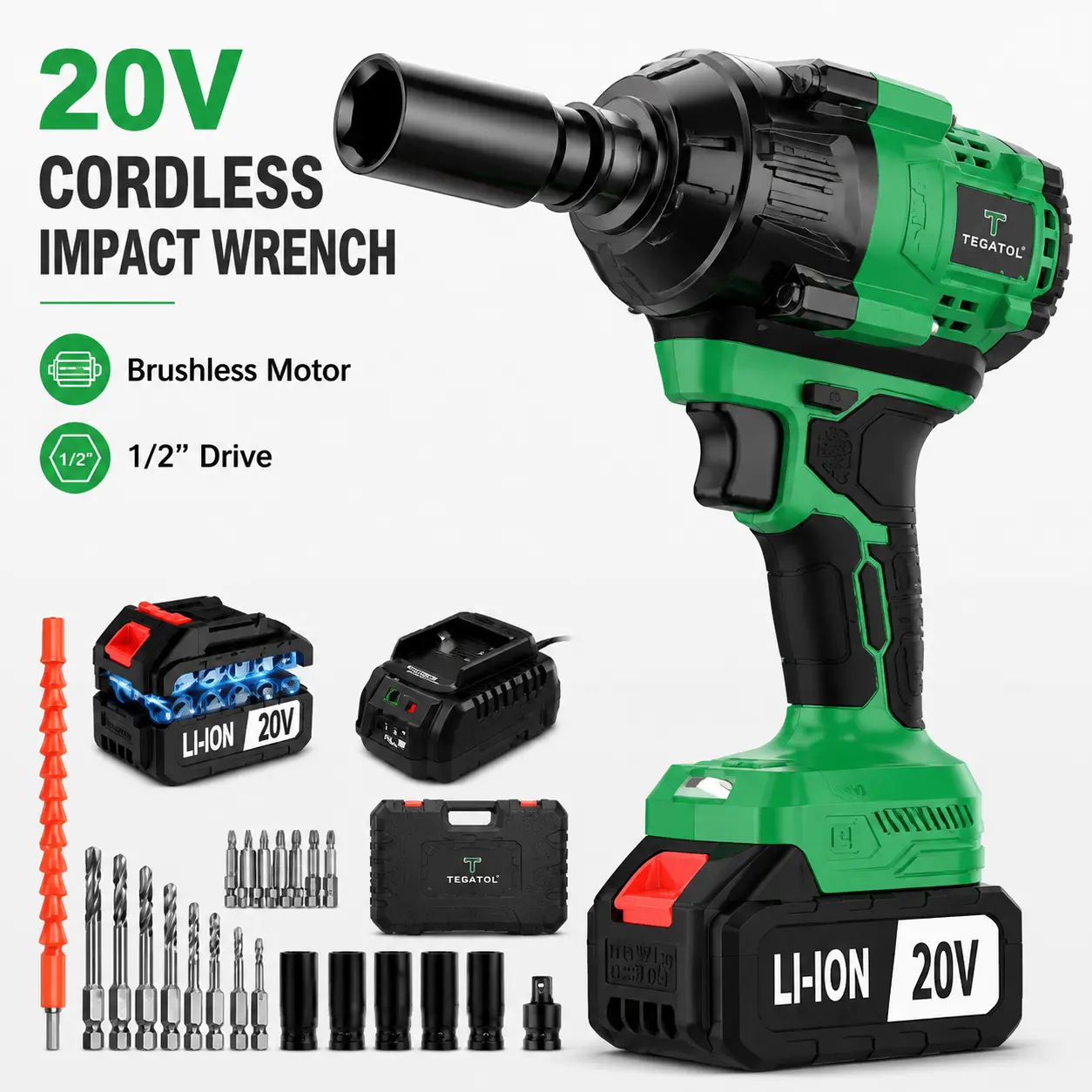 20V Cordless Brushless Motor Electric Wrench Full Kit, 1/2" Drive Auto Repair Tool with 800Nm Max Torque, Battery & Sockets for Lug Nuts, Car/Truck Garage Tasks (for DIY Users)