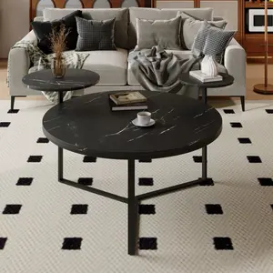 [Bellemave]Modern coffee table with two display shelves, Black Faux marble surfaces, Tripod-inspired base,Rounded tabletop edges