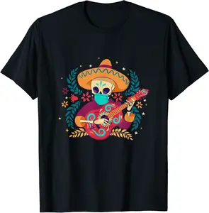 Guitar Musician Sugar Skull Flowers Dia De Los Muertos Party T-Shirt - Nafeesaami Shop 56B09K6K91TC
