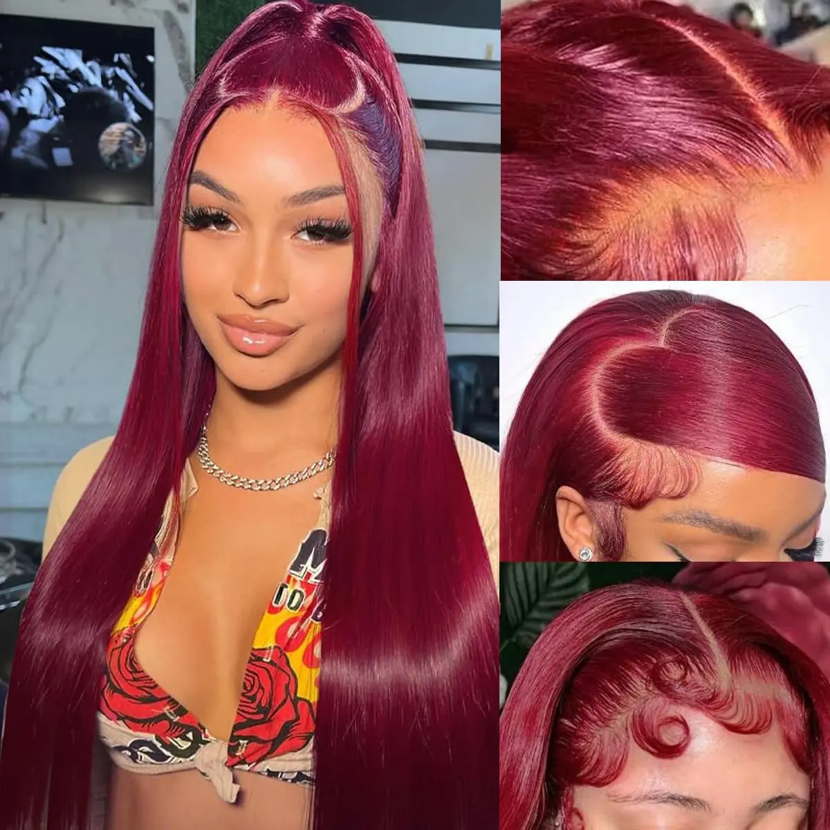 GK 180 Density Burgundy Straight Lace Front Wigs Human Hair 