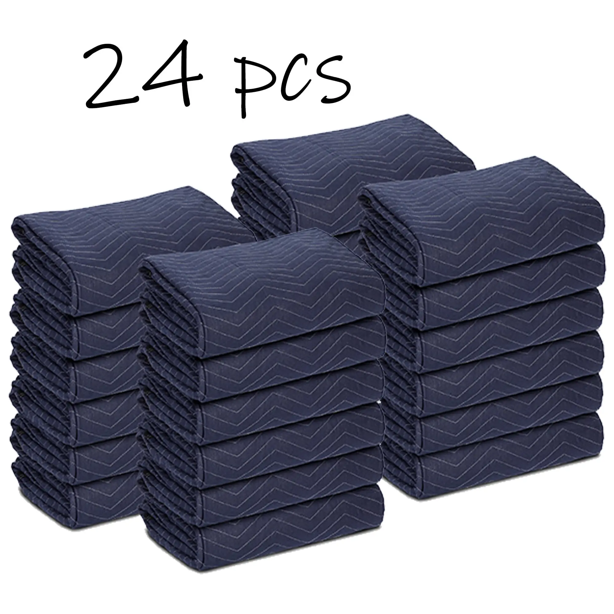 Heavy-Duty Moving Blankets, 24-Pack of 80" x 72" Non-Woven Fabric Furniture Pads with Polyester Binding, Durable Zig Zag Stitching for Home Moves & Cargo Haulers, Blue/Black, Home Move, Shipping, Reinforced Stitched Fabric, Resilient, Zigzag Pattern, Zigz