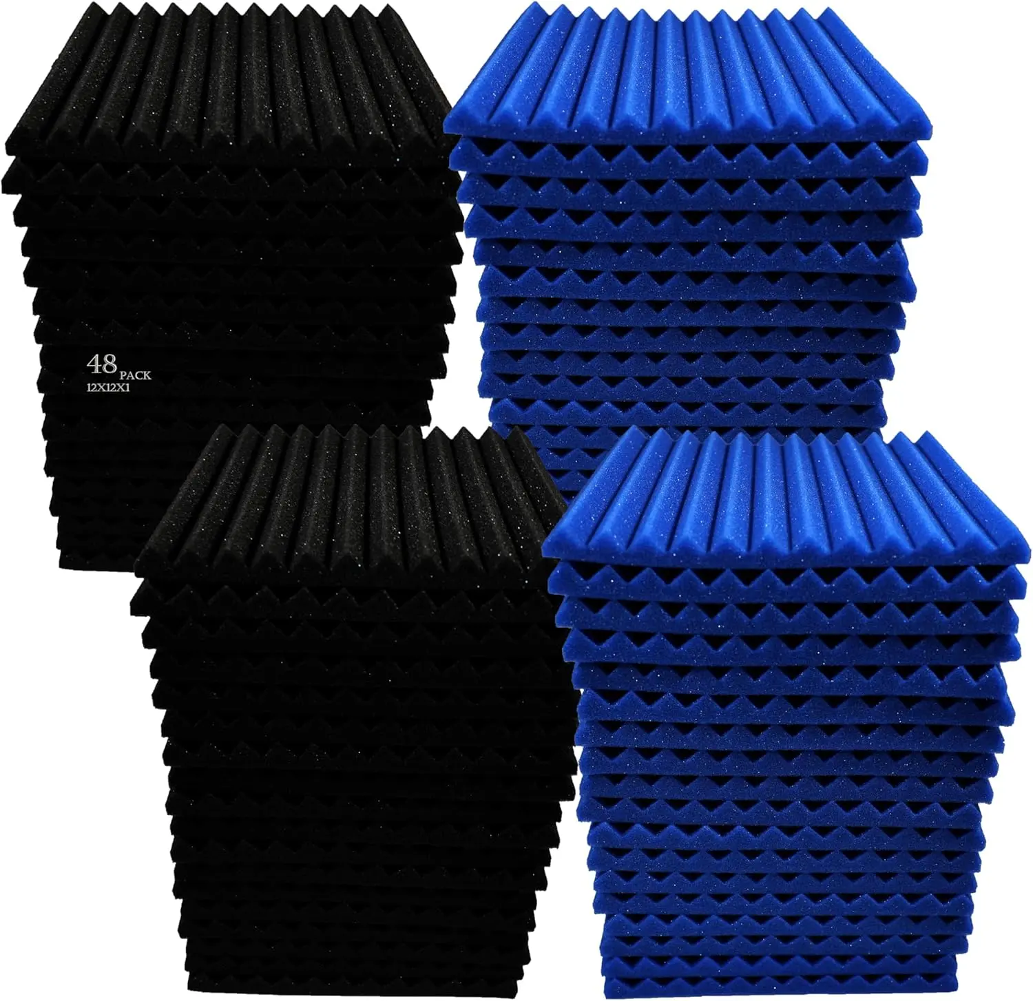 48 Pack 12 "X 12 "X1" Acoustic Panels Studio Soundproofing  Wedge Tiles, (24BLUE+24BLACK)