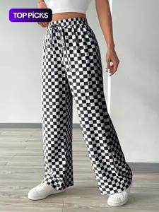 Women's All Over Geometric Checkerboard Print Drawstring Waist Loose Straight Leg Pants, Casual Comfy High Waist Trousers for Daily Wear, Ladies Everyday Bottoms for All Seasons, Womenswear