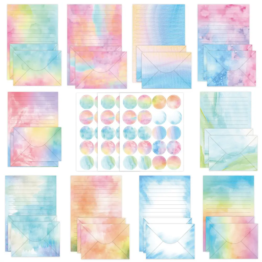 160Packs Stationery Paper And Envelopes Set,50 Lined Letter Writing Paper with 50 Matching Envelopes And 60 Round Sticker, 10 Watercolor Design, Best for Christmas