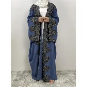 Women's Embroidery Open Front Abaya, Modest Casual Long Sleeve Abaya for Daily Wear, Women's Islamic Clothing for Spring & Fall