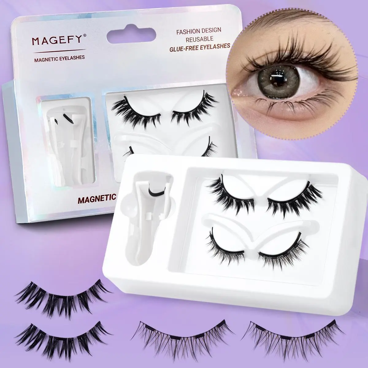 Eyelash Extension Kit, 2 Pairs Reusable Eyelash with Applicator, Dual Lashes for Natural Look, Lightweight Natural Eyelashes for Women and Girls