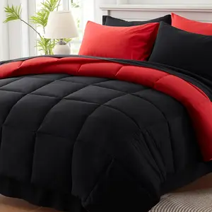 Queen Comforter Set 7 Piece, Reversible Bed in a Bag Queen Size, Soft Bedding Set with Comforter(88"X88"), 2 Pillow Shams, 2 Pillowcases, 1 Flat Sheet, 1 Fitted Sheet, Red & Black