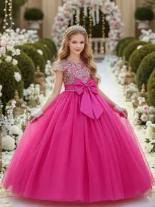 Elegant Girls' Princess Dress, Repeated Embroidery, Halloween Christmas Party Gown, Wedding Birthday Dress with Big Bow, Pageant, Floral Dress, Butterfly Dress