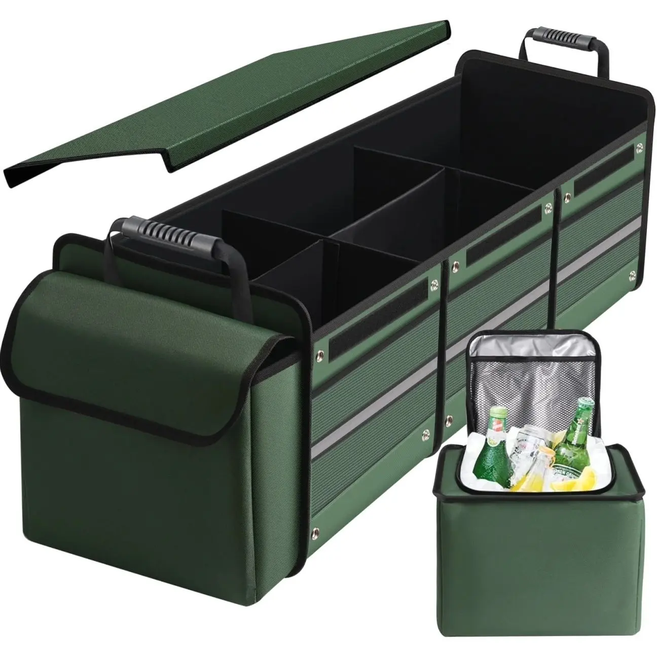 Car Trunk Organizer,Heavy Duty Collapsible Car Trunk Storage Organizer, with Insulated Leakproof Cooler Bag Car Cargo Trunk Organizer with Lid, 3 Compartments, with Straps For Car Suv/Jeep/Sedan