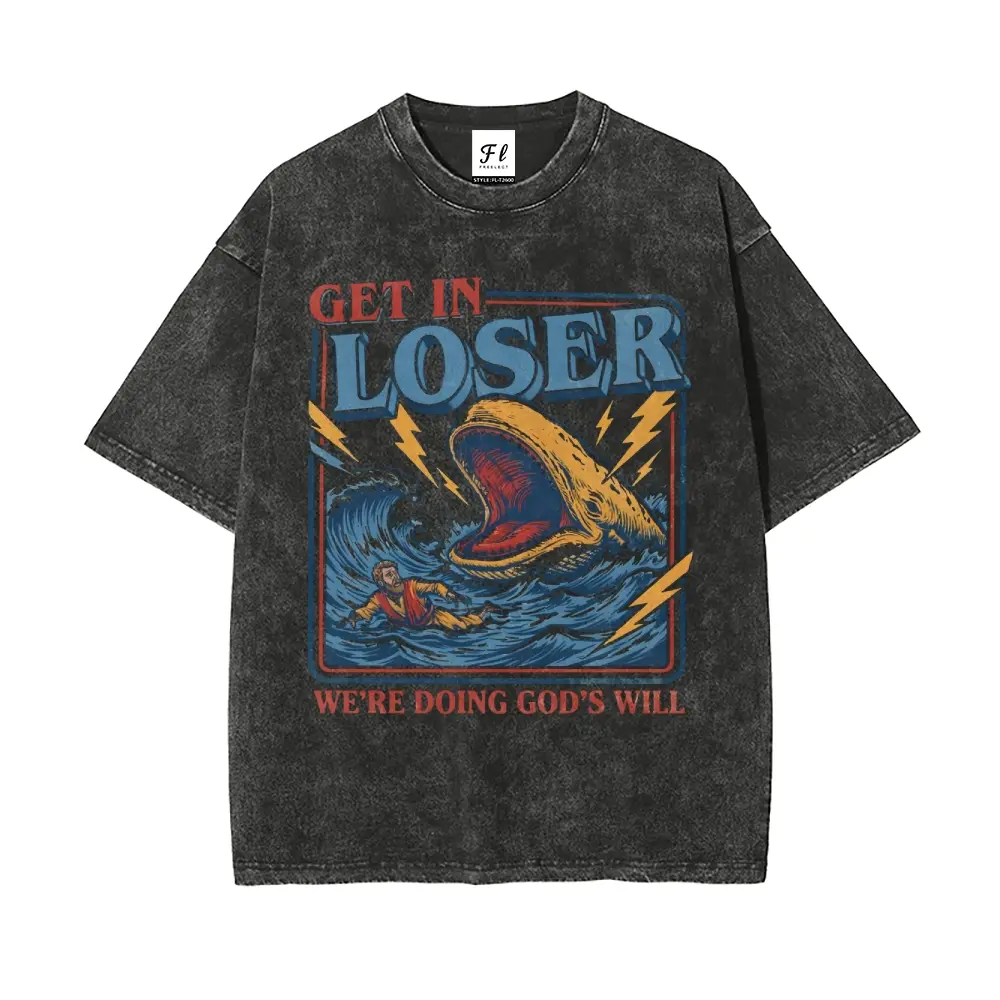Menswear Oversized Washed Cotton Short-Sleeve Crewneck T-Shirt - Unisex Fitness Top with Jonah and the Whale Christian Graphic, "Get In Loser We're Doing God's Will" Slogan, Breathable Wrinkle-Resistant Religious Streetwear Gift, Shortsleeve, Fashion, Rou