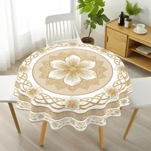 1PC White & Beige Round Tablecloth with Gold-Ornamented Flower Mandala Pattern - Intricate Gold Weave & Lace-Like Trim Polyester Table Cover for Dining Room Home Decor & Indoor Gatherings