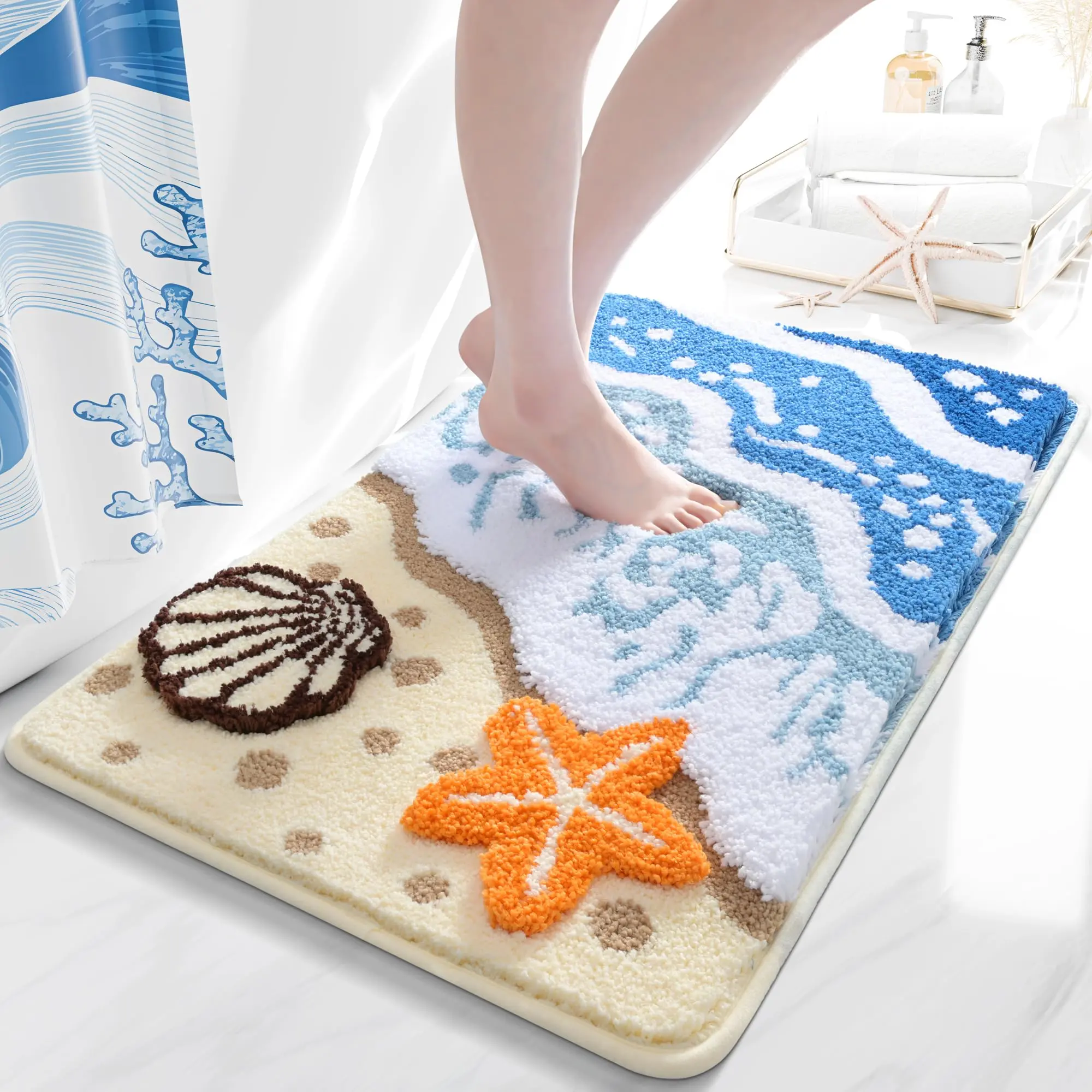 Coastal Bathroom Rug Beach Ocean Wave Bath Mat Nautical Rug, Cute Colorful Bath Rug 3D Starfish Shell Beachy Theme Bathroom Decor, Soft Microfiber Carpet Non Slip Washable Bathmat