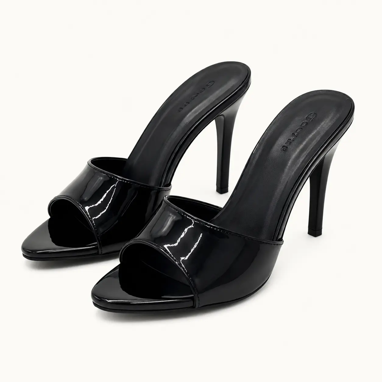 GeeYea women’s Black Patent-Look Mule Heels, Open Toe High Heel Slide Sandals with PU Upper, PU Lining & PVC Sole, Elegant Dress Sandals for Date Night, Party & Spring Summer Outfits