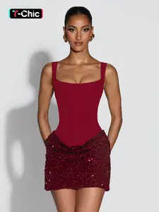 Women's Fashion Solid Color Spaghetti Strap Sleeveless Patchwork Sequin Fitted Dress, Elegant Formal Party Wear, All Seasons, Perfect for Daily