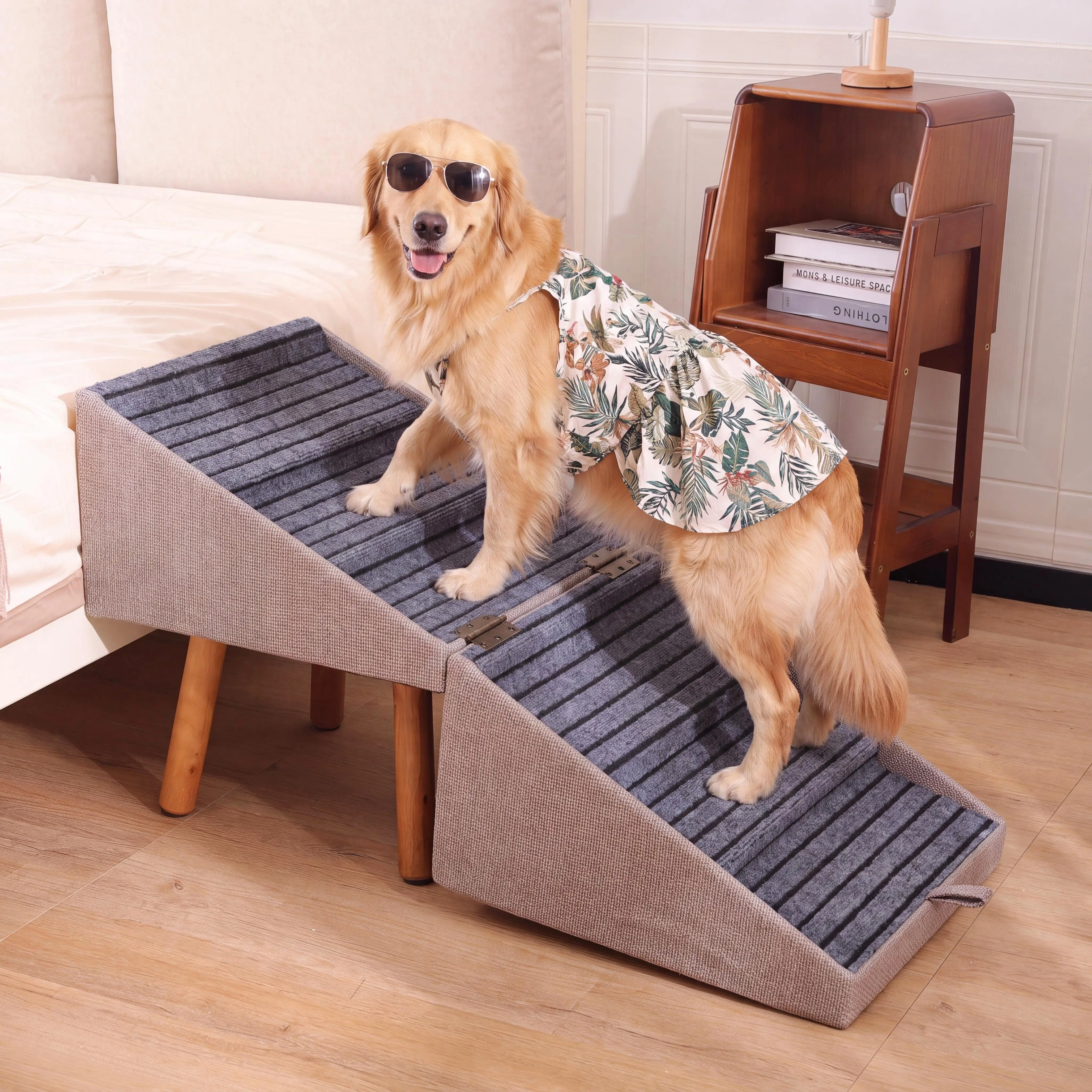 21'' Dog Ramp Stairs for Bed | Ziluce 21.06 inches High for Medium, Small Doggie, Foldable 2 in 1 Wooden Pet Steps for Puppy Older and Injured Dogs, Split Ottoman Design, No-Slip Surface