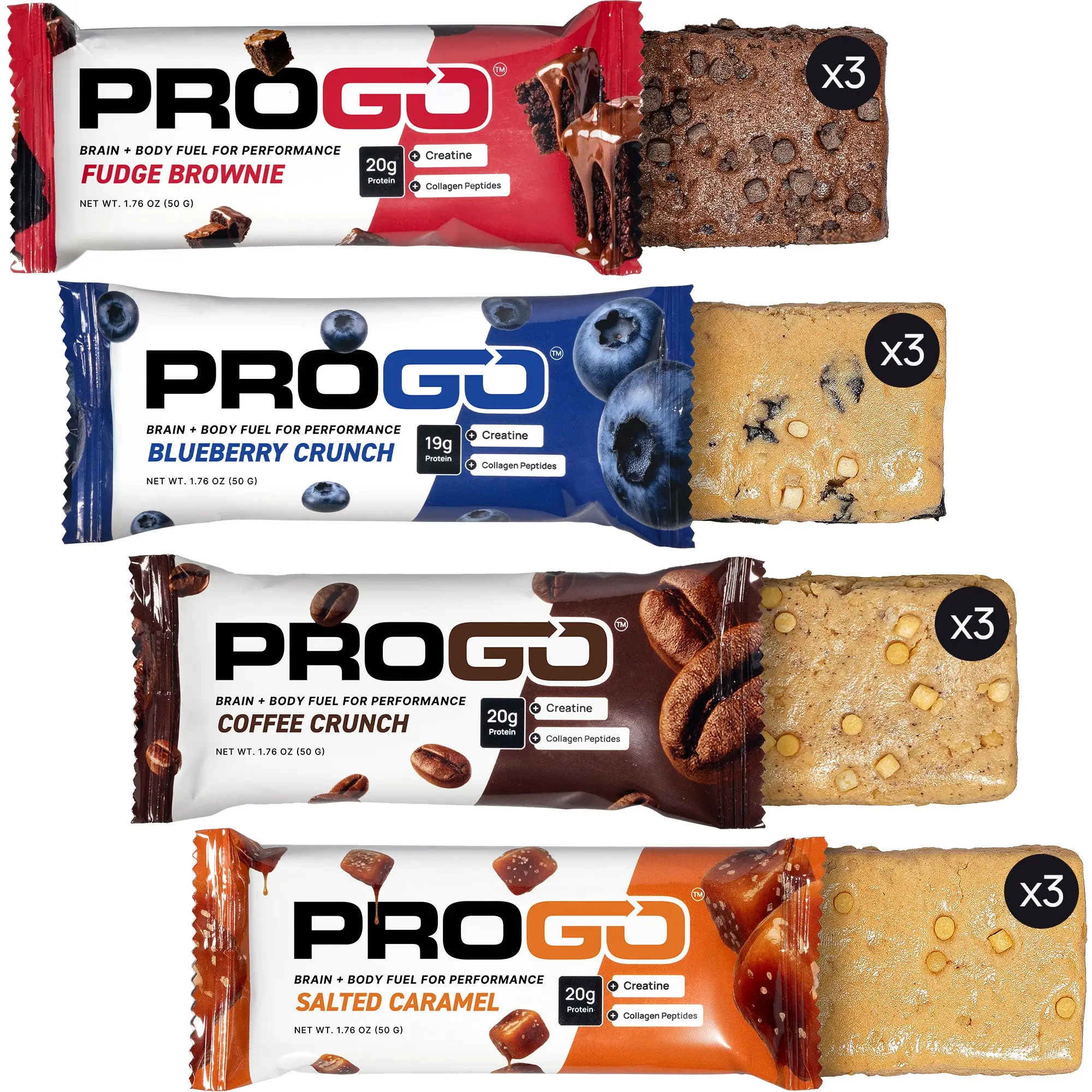 Crunchy Protein Bars Variety Pack (12-Count, TTS) with Creatine Monohydrate, Caramel, Peanuts, Blueberry, Coffee Beans for Health & Fitness Nutrition
