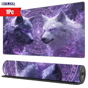 Enchanted Two Wolves Mystical Purple Pattern Gaming Mouse Pad with Stitched Edges, Non - Slip Rubber Base, Perfect Gift for Game Fans & Home Office Use, 15.7x35.4inch, Gaming Mousepad
