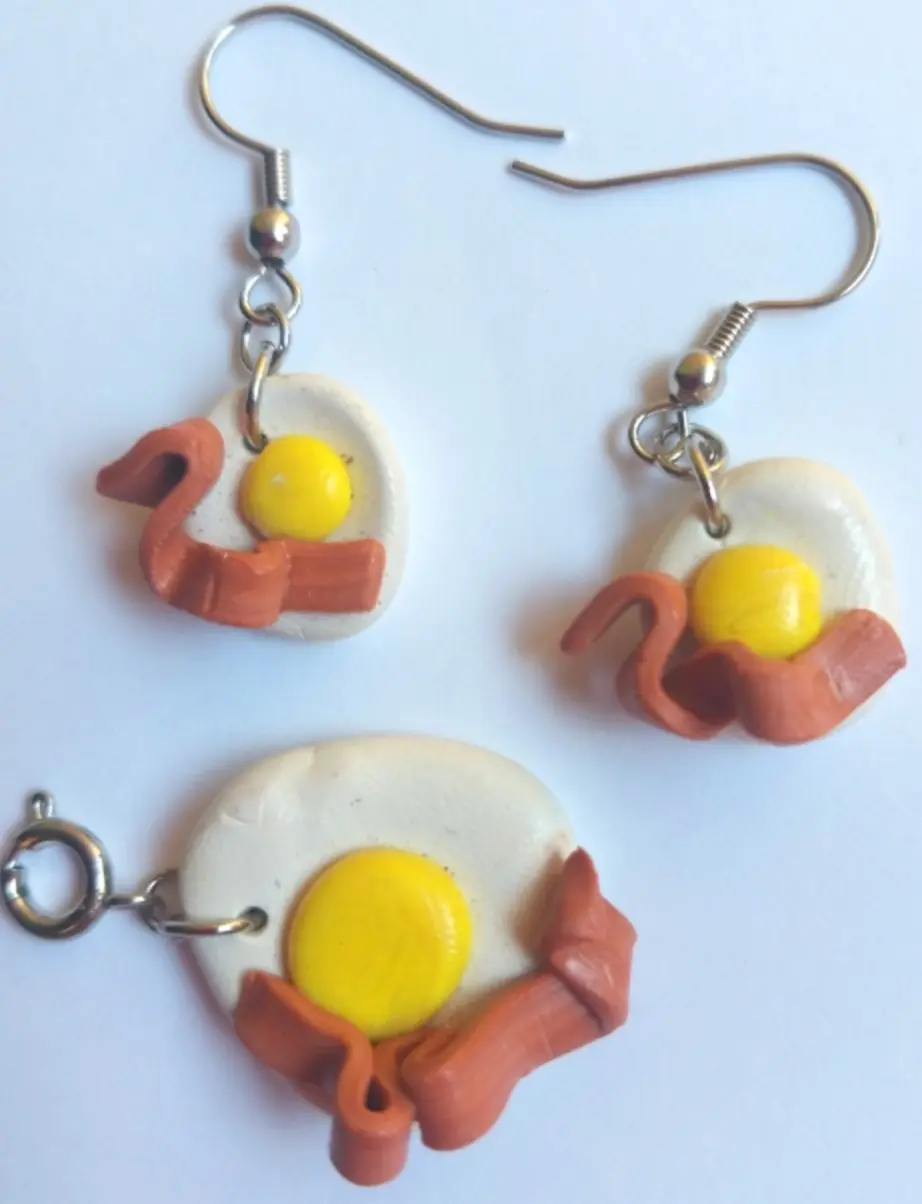 Bacon and Eggs Earrings w Pendant Charm