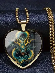 A transparent glass heart-shaped necklace adorned with a beautiful 2D vintage pattern Fashion Necklace