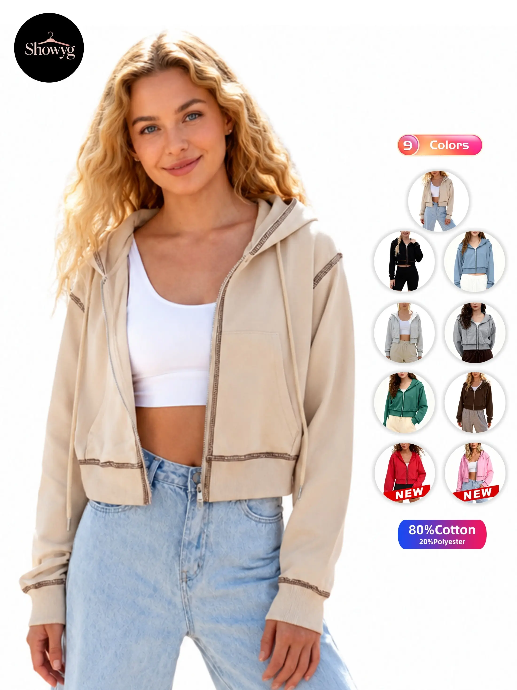 Showyg Women's Contrast Seam Stitch Cropped Zip Up Hoodie, Long Sleeve Slim Fit Minimalist Casual Hooded Jacket, Everyday Outfits & Back to School Stylish Outerwear