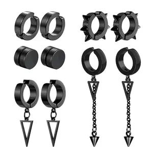 5 pairs of fashionable men's punk cross pendants stainless steel earless magnet earrings set