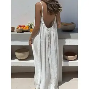 Women's backless slim shoulder strap long skirt, vacation casual fabric, summer women's clothingRAIMENTRY