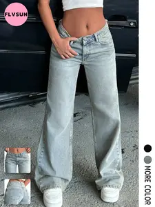 Flvsun-Women's Baggy Jeans Y2K Low Waist Boyfriend Style Denim Pants Vintage Aesthetic Wide Leg Cargo Pants Teen Girls Streetwear Hip Hop Trousers with Pockets Casual Basic Light Blue Minimalist