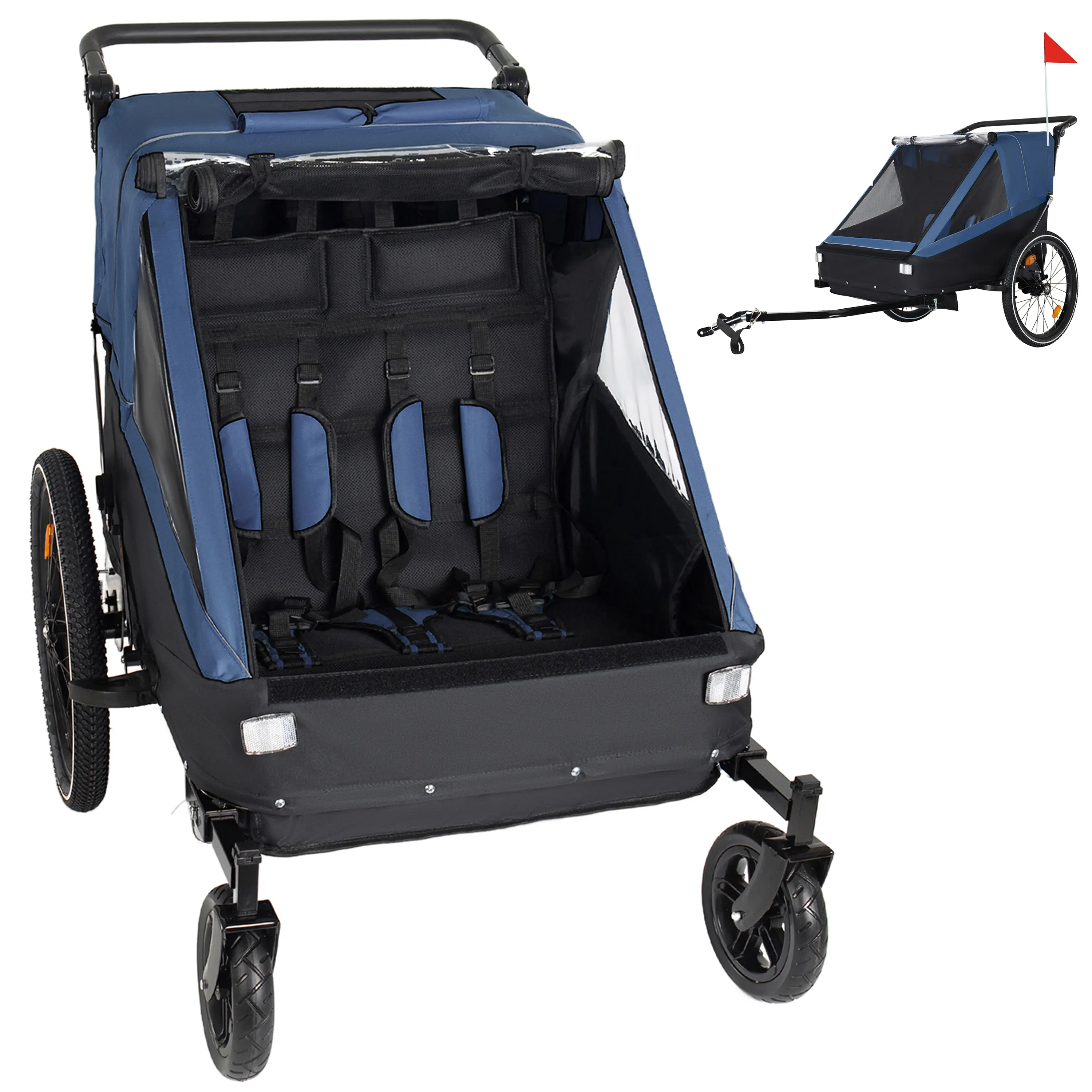 2-in-1 Kids Bike Trailer and Stroller for 1 to 2 Children, Jogging Function, Foldable Compact Storage, Universal Bike Hitch, 5-Point Harness, Storage Bags, Dark Blue, Outdoor Cycling Child Carrier, Home Furniture and Household Product Search