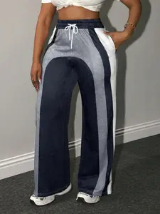 Plus Size Casual Color Block Loose-Fitting Long Pants Bottom, Womenswear High Waist Design for Spring & Fall, Perfect for Couple