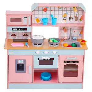 【Summervibes】VEVOR Play Kitchen for Kids, Wooden Toy Kitchen Set with Lights and Sounds, Toddler Kitchen with Ice Maker, Oven, Sink, Microwaves, Fridge and Utensil and Fruit Accessory for Toddlers ages 3-8, Pink