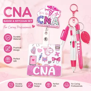 Pink series: fun glitter letter badge scroll set with ID badge card, ballpoint pen and marker, and an ELD light; includes a retractable alligator clip; stylish ID holder for doctors, nurses, and other professionals—the perfect gift for professionals. outd