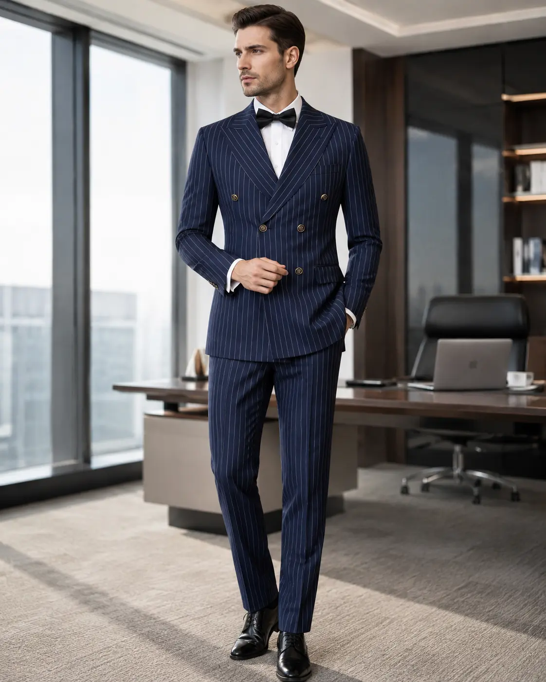 Men's Formal Pinstripe Suit with Double-Breasted Design and Bow Tie for Professional Settings sohochic