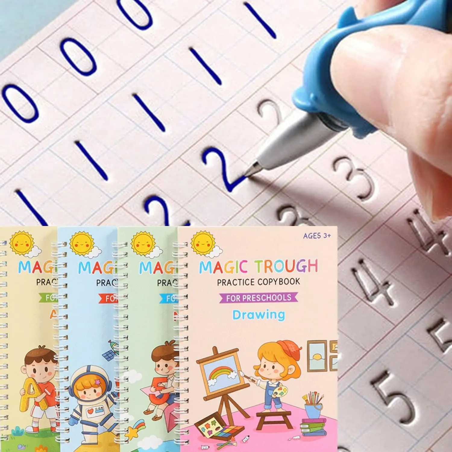 4 Pc Magic Grooved Practice Copybook,Reusable Grooved Writing Books,Handwriting Practice Book for Kids,Writing Practice for Kids Ages 3-8 Calligraphy (4pc+Pen)