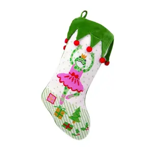 PEKING HANDICRAFT Wool-Cotton Needlepoint Stocking, 11x18 in, 31KR197MC Model, New Ballerina Frog Design, Festive Home Decoration Supply