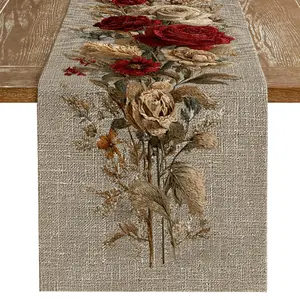 1Pcs Elegant Charming Pattern Oil Painting Style Rose Flower Table Runner, Quiet Country Polyester Table Mat, Spring Summer Home Decor for Dining Room TV Stand