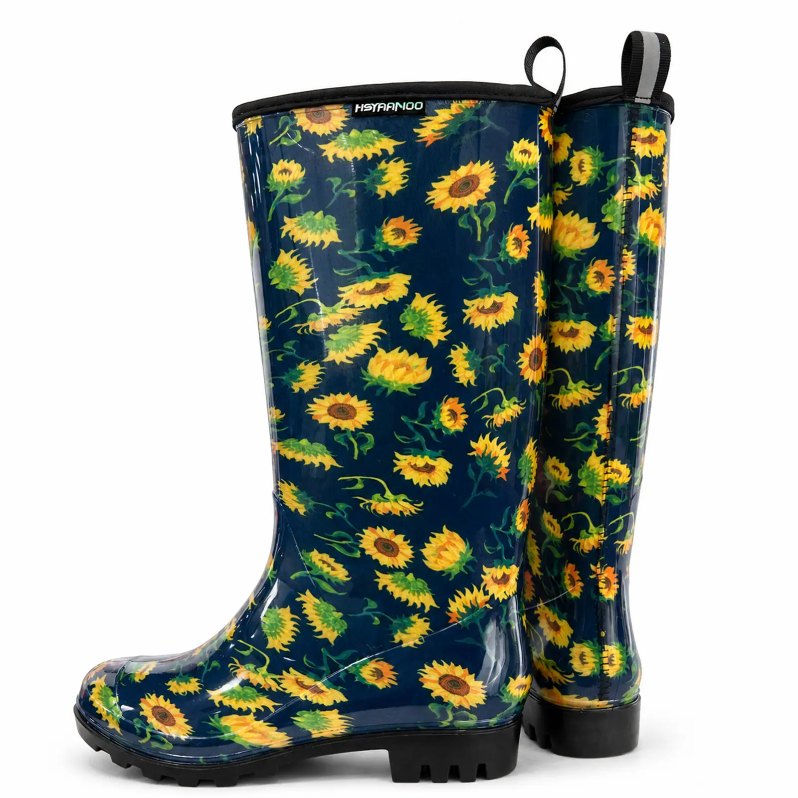 Women's Tall Navy Rain Boots with Sunflower Print, Waterproof PVC Footwear with an Anti-Slip Rubber Sole for Gardening, Shoe, Chic, Slip On, Footwear Boot, Block Heel