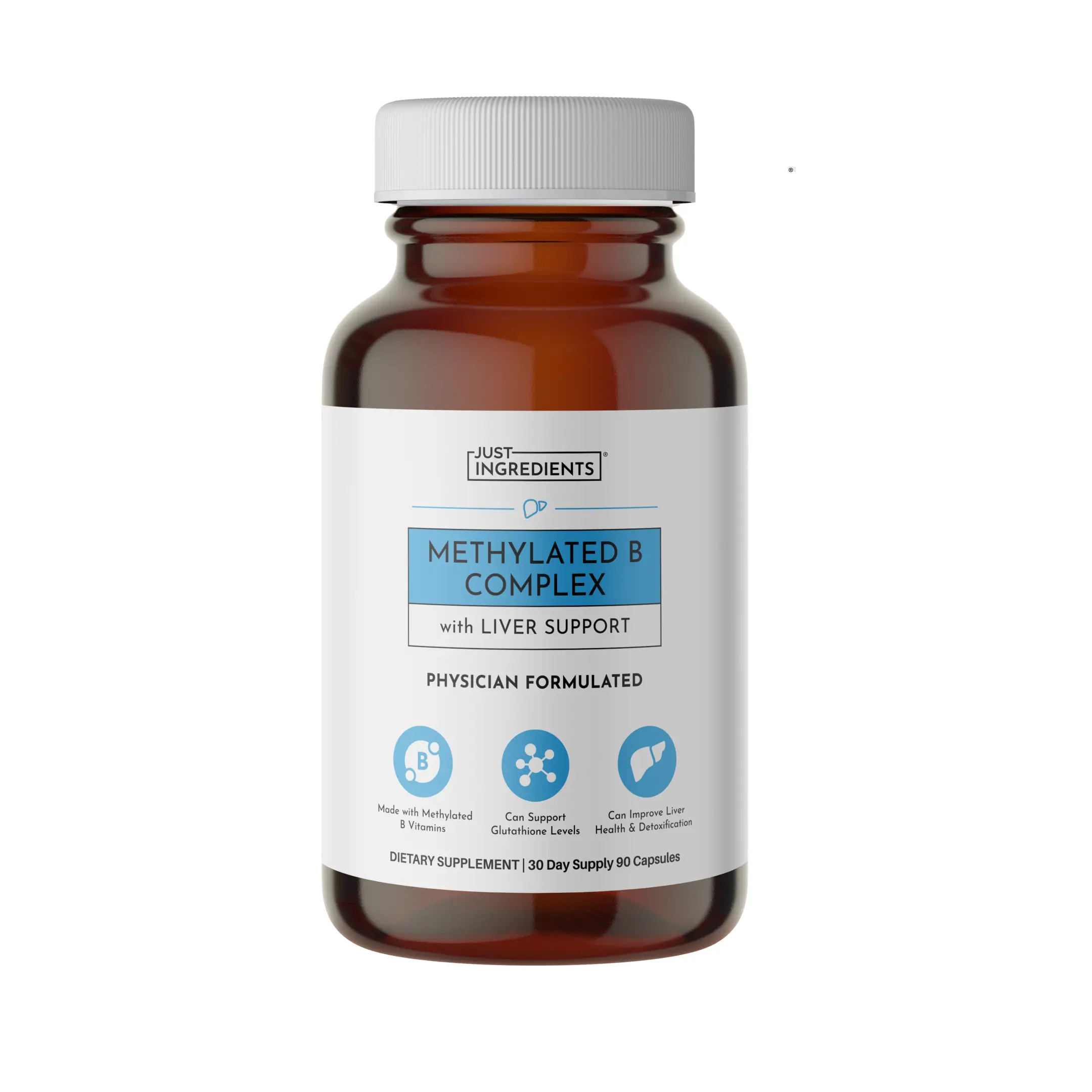 Just Ingredients Methylated B Complex with Liver Support – 90 Capsules – Supports Energy, Detoxification, Glutathione Production & Healthy Skin – With Methylated B Vitamins, NAC, Milk Thistle & Dandelion Root