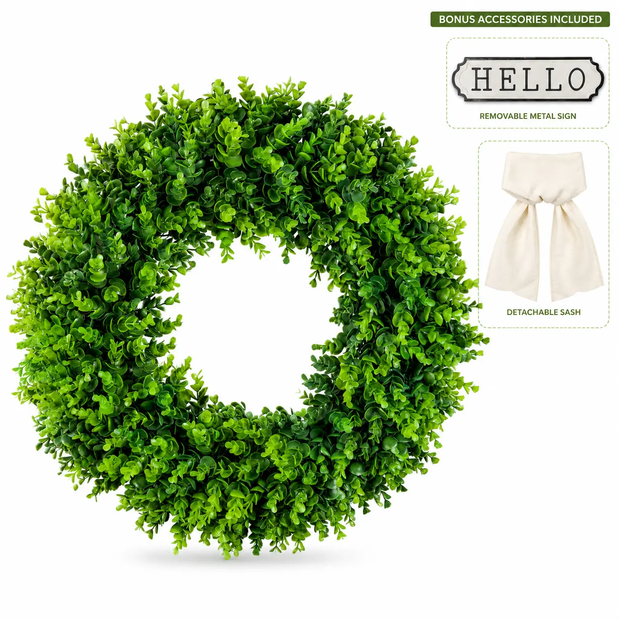 (Clearance) 24" Large Odor-Free Artificial Boxwood Wreath, Foldable with Hello Sign & Ribbon, Decor Accessories, Holiday/Plant/Floral Decor Home Supply for Indoor-Outdoor Use, Holiday Decor