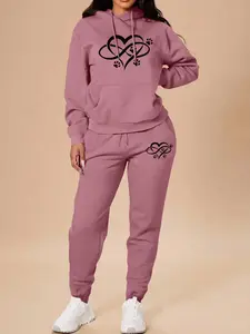 Valentine's Day Fall Winter Casual Heart Print Hooded Sweatshirt Set, Sweatsuit Set Outfit, Long Sleeve Pants, Home & Outdoor Sportswear, Multiple Colors