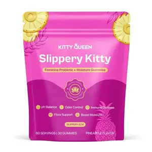 Slippery Kitty Feminine Probiotic + Moisture Gummies - All in One Solution with Slippery Elm Odor Control, Flora Support and Moisture Boost 60 Count Pineapple Flavor