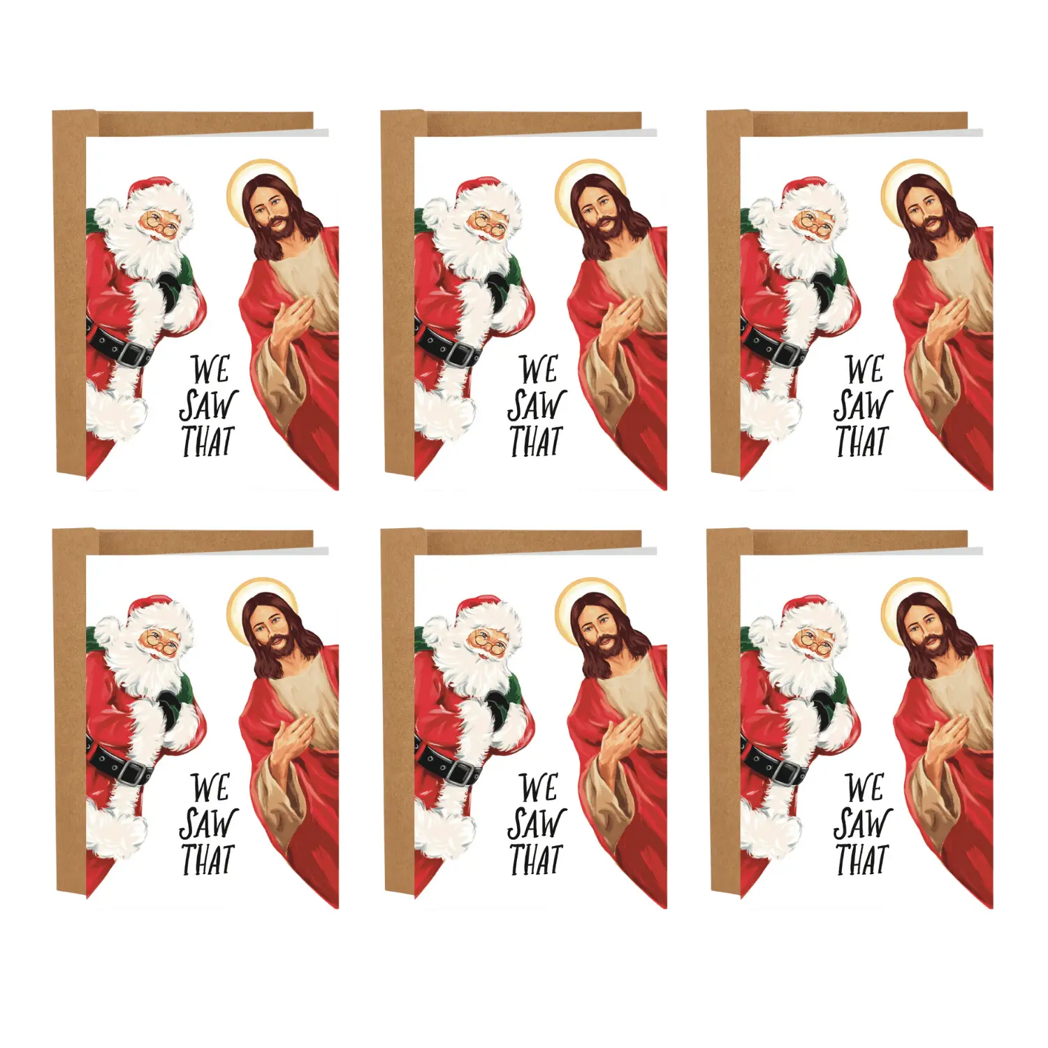 Sleazy Greetings Funny Christmas Holiday Cards - 6-Pack 5x7 in, Jesus & Santa 'We Saw That' Funny Twist with Humorous Art for Friends/Family, Office Stationery Card Stock