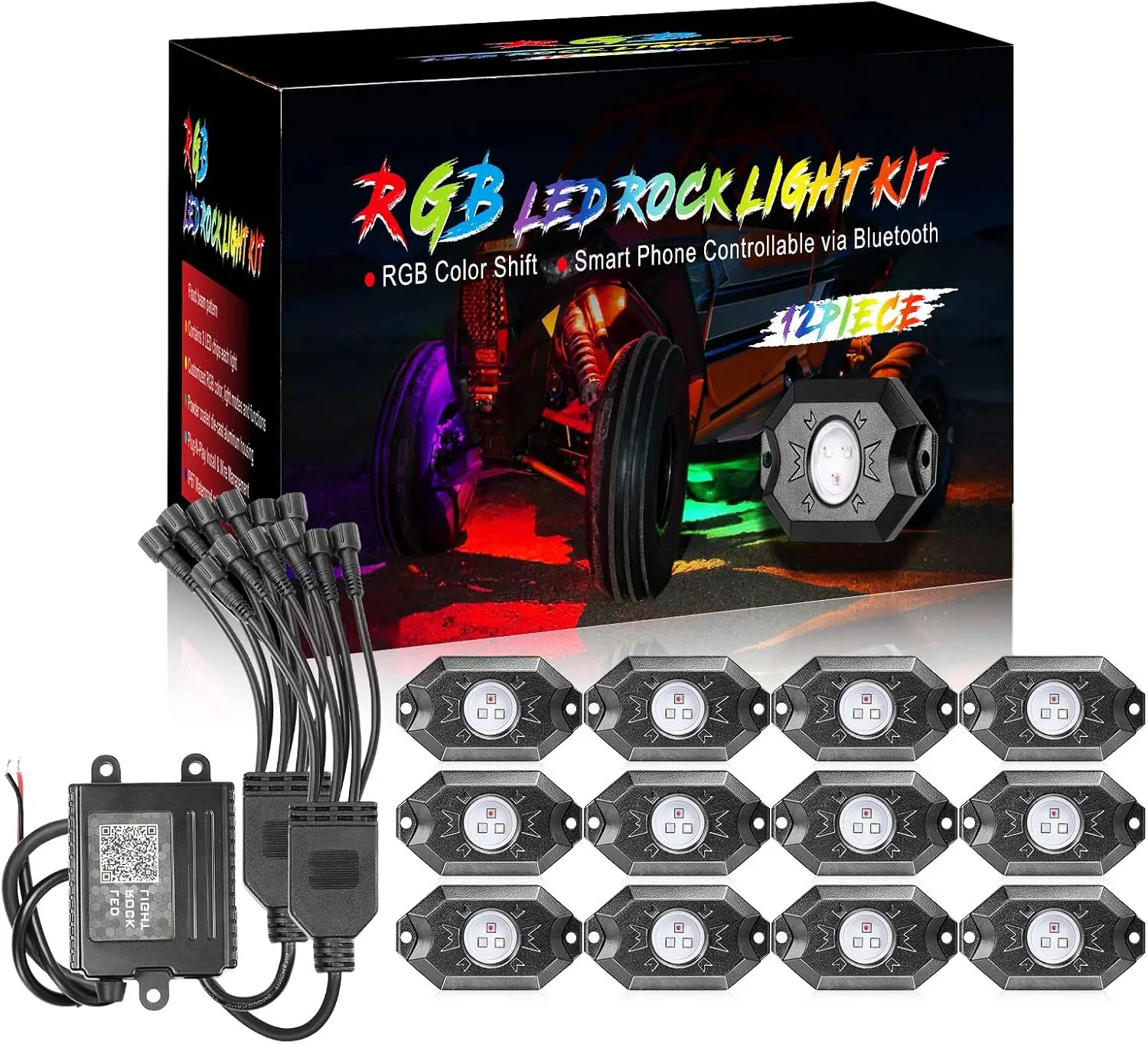 12 pods LED Rock Lights RGB Multicolor Neon Trail Rig Lights Underglow Wheel Well Light with Bluetooth App Control for Truck Pickup Tundra Dodge GMC UTV ATV