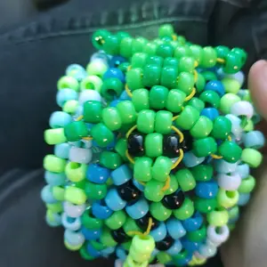 Kandi Lizard Rotating Cuff - Beaded Green & Blue Beads with Black Eyes and Yellow Accents