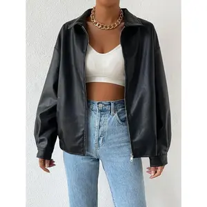 Drop Shoulder Zip Up PU Cropped Leather Jacket Long Sleeve Fit Autumn and winter fashion clothing