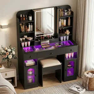 [Bellemave]43.2" Vanity Desk with LED Mirror and Lights, Glass Top Vanity with RGB Glass Light Cabinets, Dressing Table with 3 Drawers ,Storage Shelves and Stool for Bedroom, Black