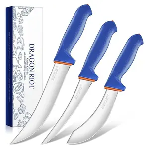 DRAGON RIOT 3 Pcs Butcher Knives Set, Meat Processing Knife Set for Brisket Trimming Blue Non-slip Handle Gift for Men