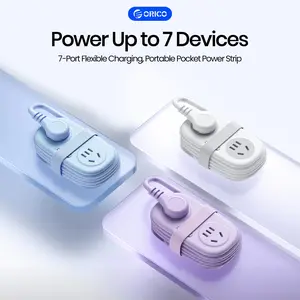 Orico Portable Power Strip with USB, USB Multi Plug, 7-In-1 Travel Charger Station, 4 Ac Outlets & 3 USB Ports, 1.25m Coiled Cable, Ultra-Thin Plug