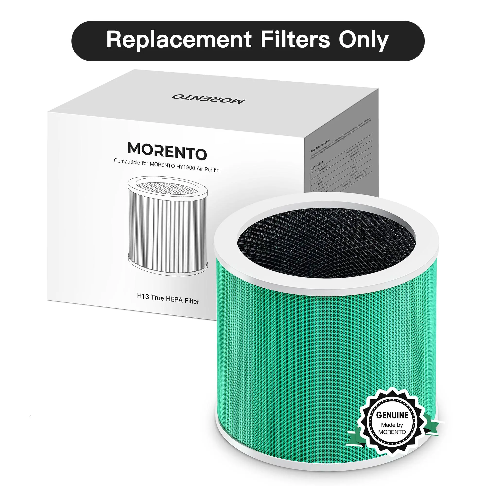 MORENTO Genuine HEPA Filter Replacements for HY1800 Air Purifier - True HEPA & Activated Carbon Element for Dust, Pet Dander, 1 Pack (Household Appliance Replacement Part), True Hepa Filter