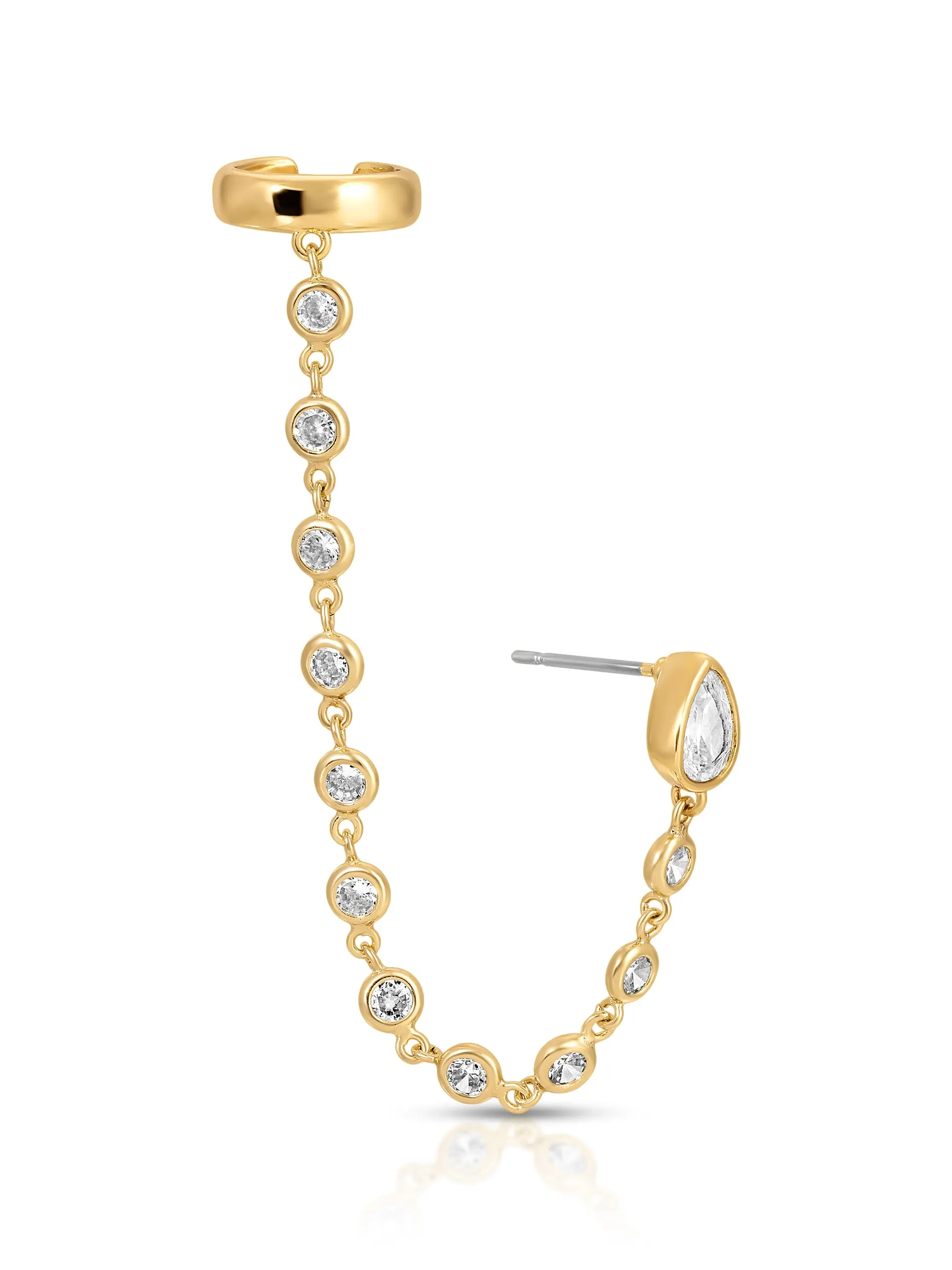 Ettika 18k Gold Plated Crystal Chain Ear Cuff Stud Earrings with Cubic Zirconia Post Closure 1.5 Inch Length for Adults