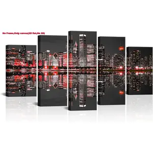 2D flat Unframed wall deocr,5 Panel Chicago Skyline Wall Art Canvas Modern Black and Red City Night Picture Prints Cityscape Painting for Home Office Living Room Decor Framed Artwork, Modern Home Decoration, Unique Artwork, NO Framed
